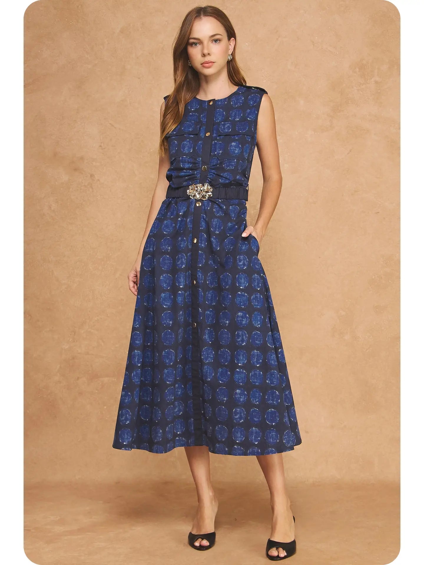 Textured Polka Dot Print Button Down Belted Midi Dress