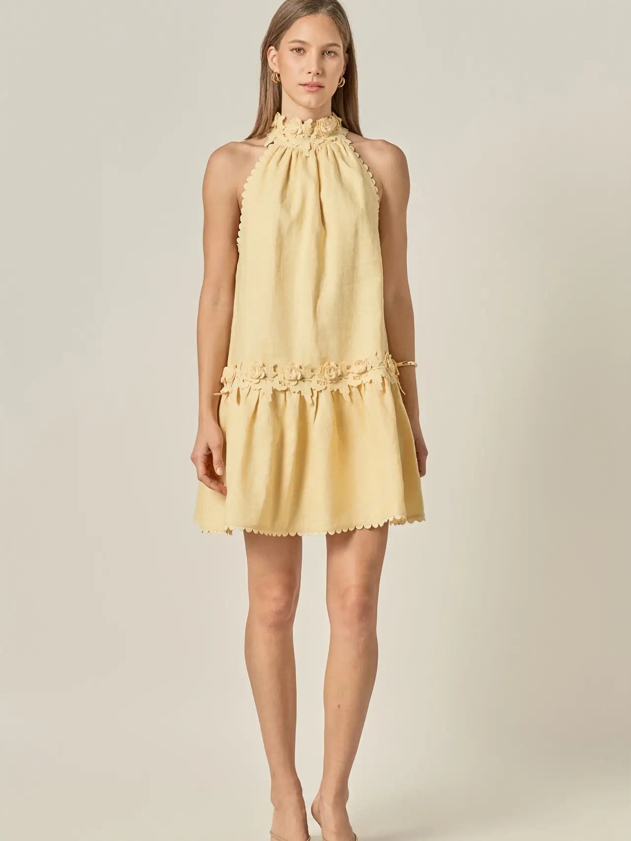Halter Neck Floral Detail Mini Dress Butter Yellow