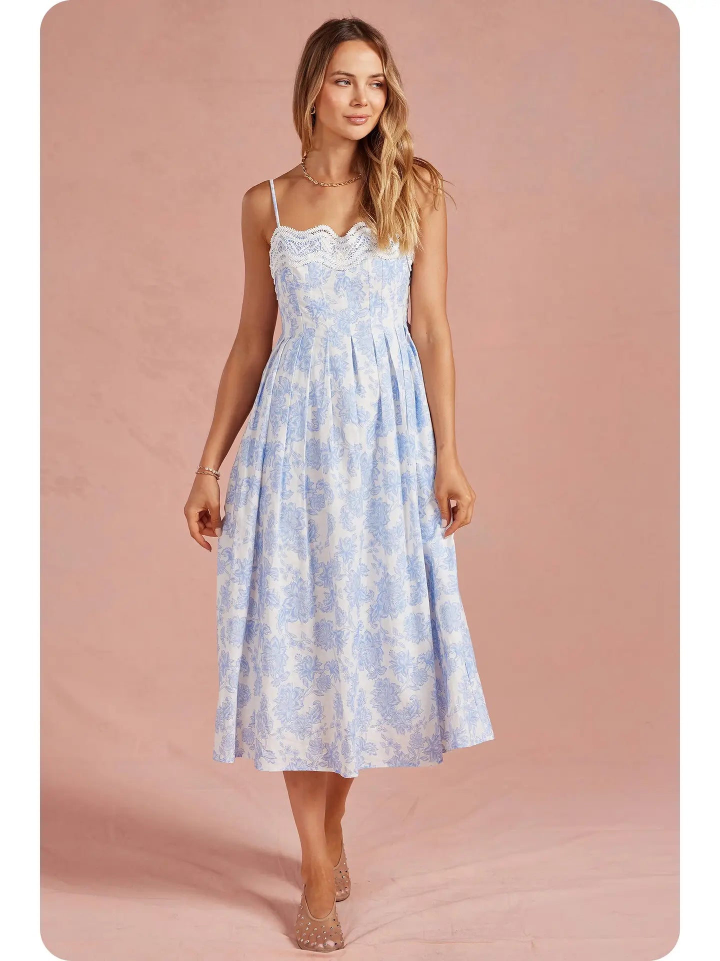 Botanical Garden Crochet Lace Pleat Midi Dress