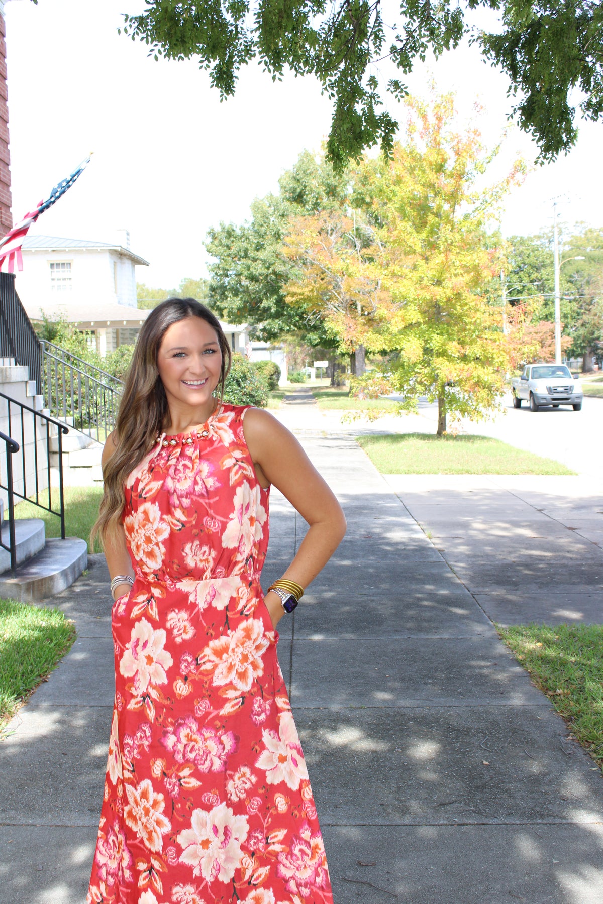 Fiery Red Floral Print Midi Dress