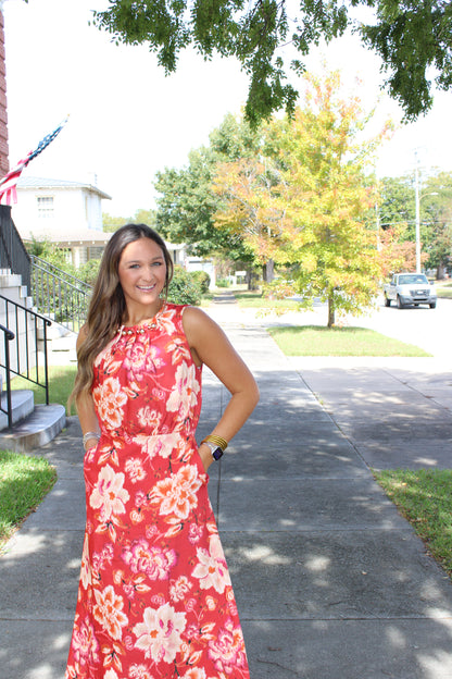 Fiery Red Floral Print Midi Dress