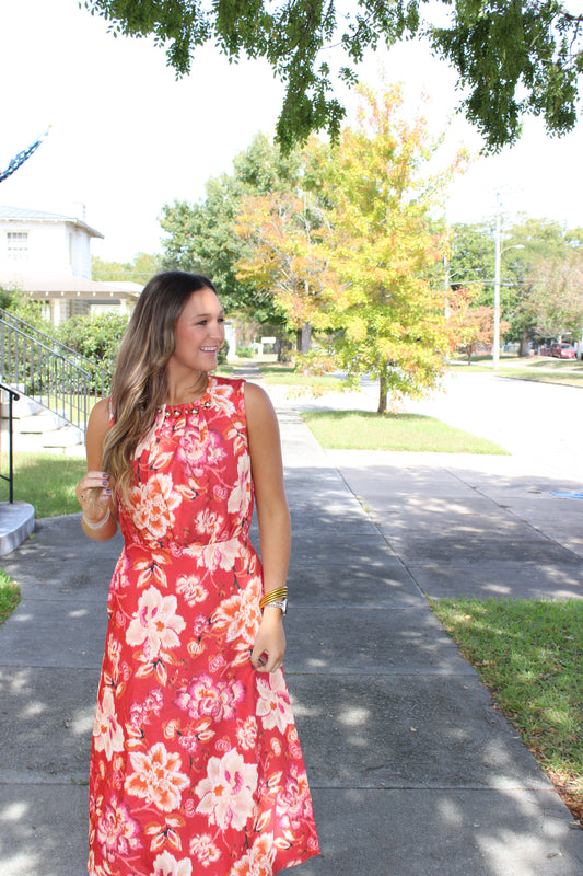 Fiery Red Floral Print Midi Dress