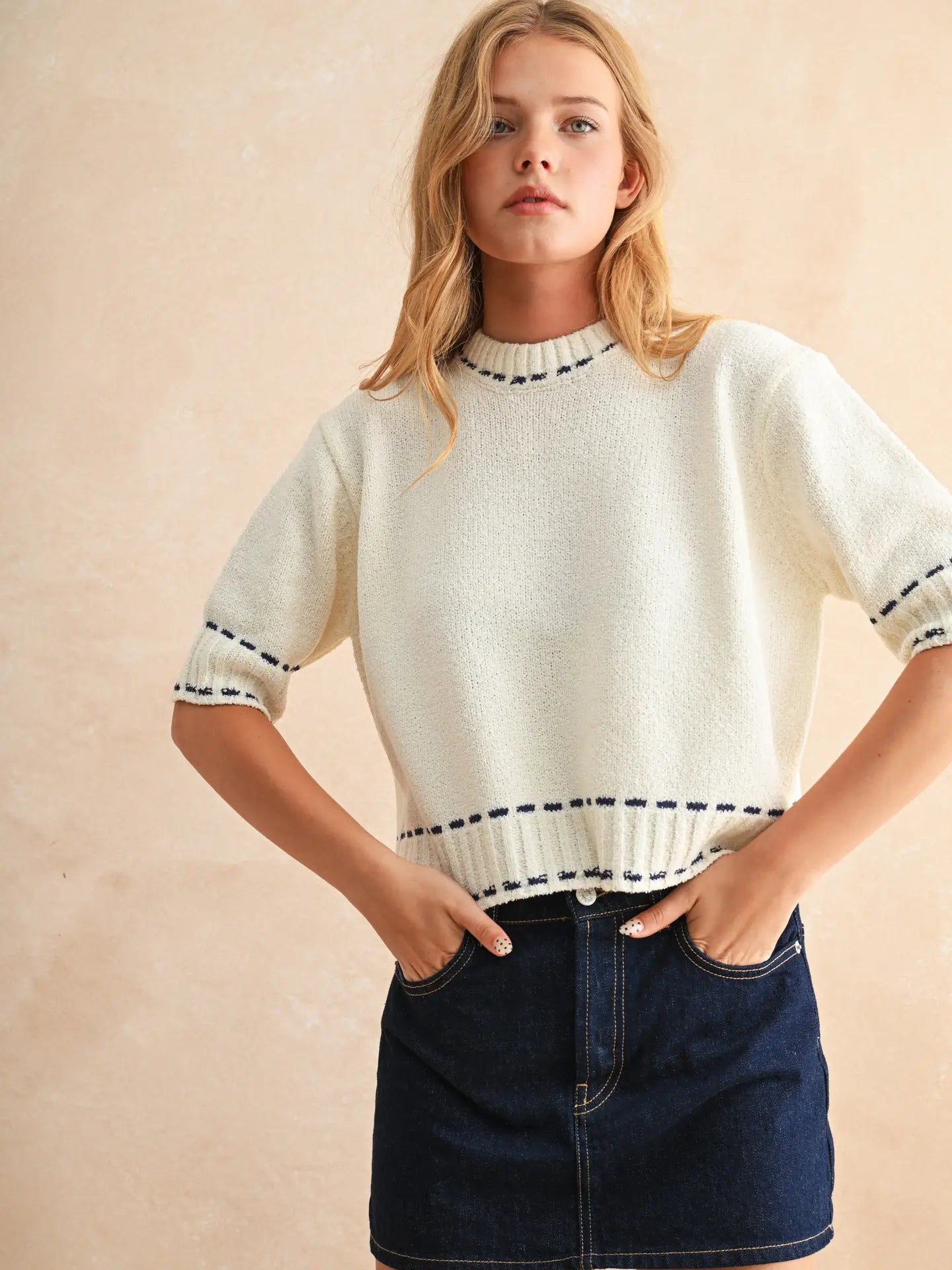 White/Navy Stitch Detail Top