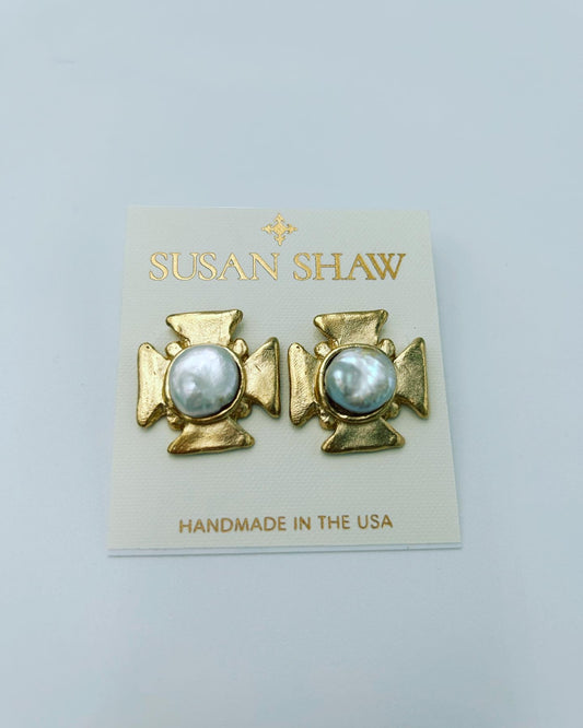 Susan Shaw Gold Cross Freshwater Pear Earrings