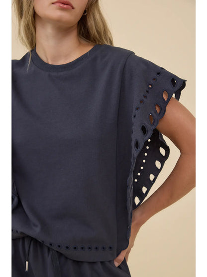 French Terry Scallop Eyelet Flutter Sleeve Top