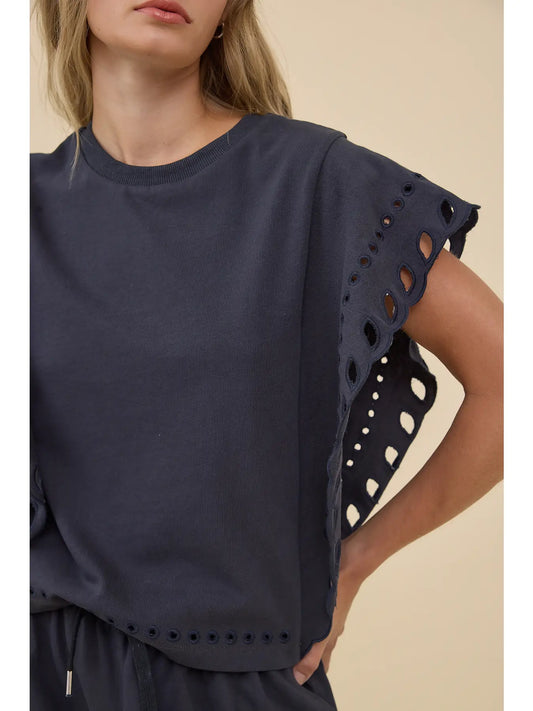 French Terry Scallop Eyelet Flutter Sleeve Top