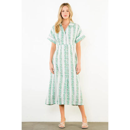 Short Sleeve Pattern Detail Button Down Dress
