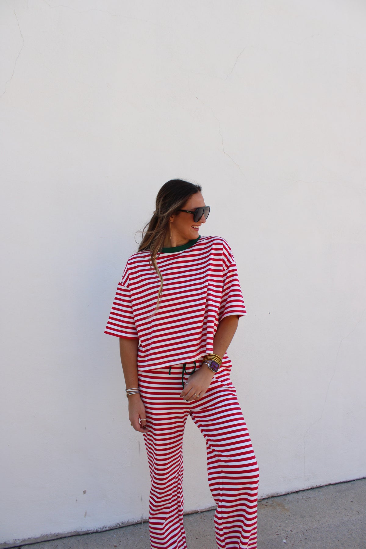 Wide Leg Striped Lounge Pants & Top Red