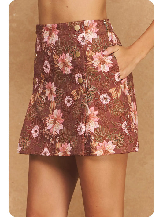 Retro Floral Print Pleat Detail Mini Skirt