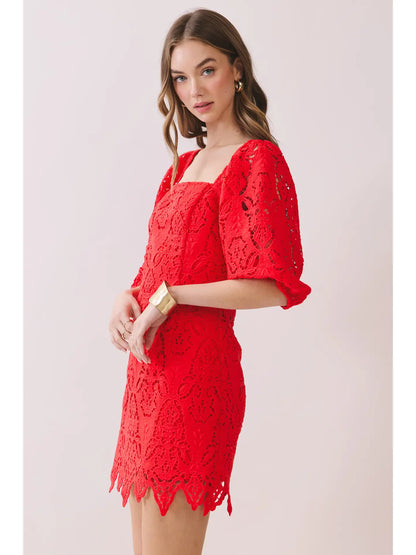 Square Neck Scalloped Lace Puff Sleeve Mini Dress