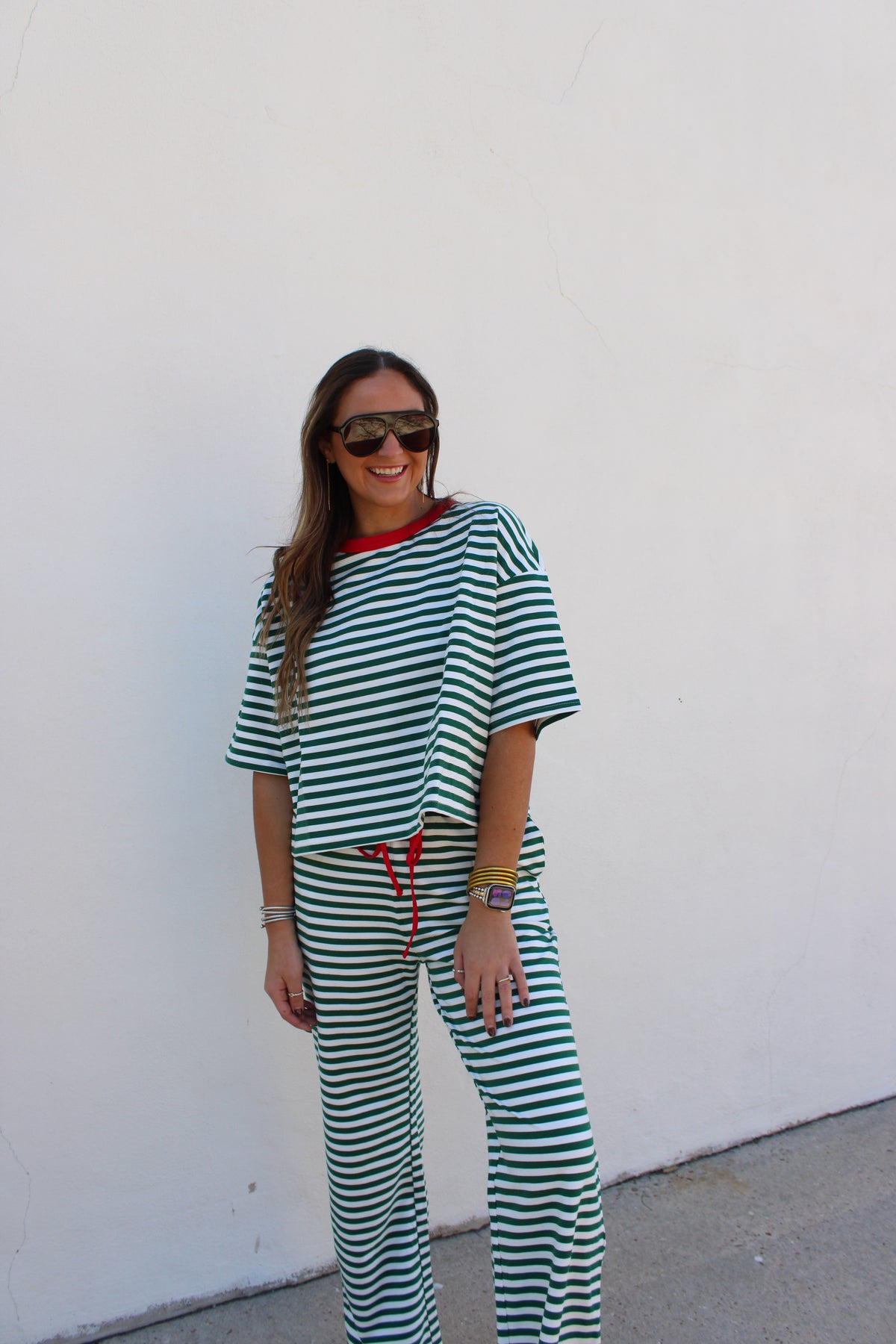 Wide Leg Striped Lounge Pants & Top Green Stripe