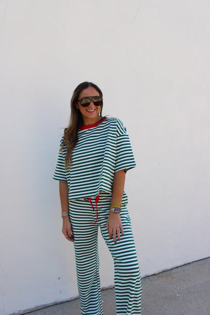 Wide Leg Striped Lounge Pants & Top Green Stripe