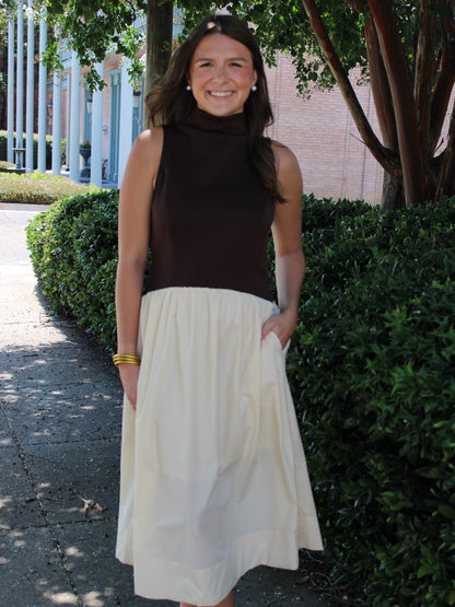 Brown/Cream Mockneck Midi Dress