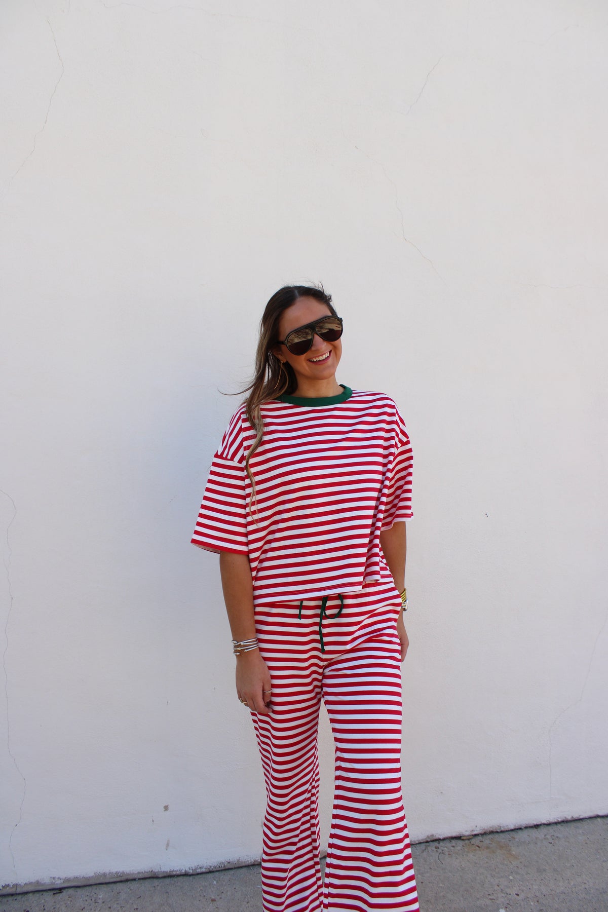 Wide Leg Striped Lounge Pants & Top Red