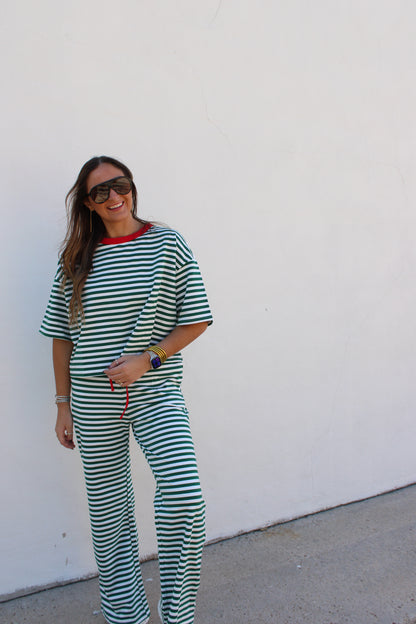 Wide Leg Striped Lounge Pants & Top Green Stripe