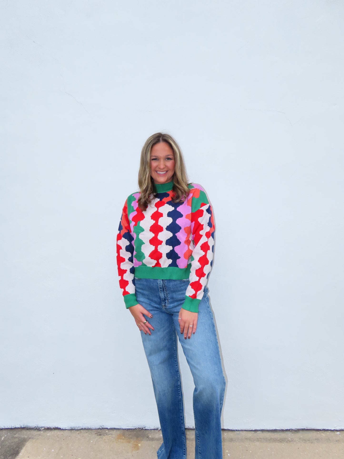 Crew Neck Graphic Color Knit Sweater