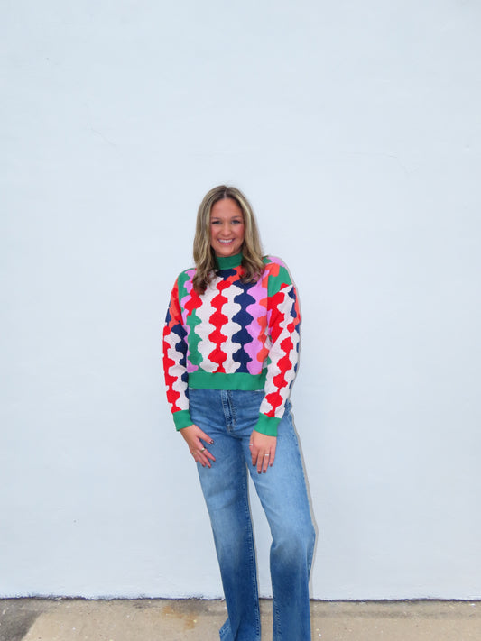 Crew Neck Graphic Color Knit Sweater