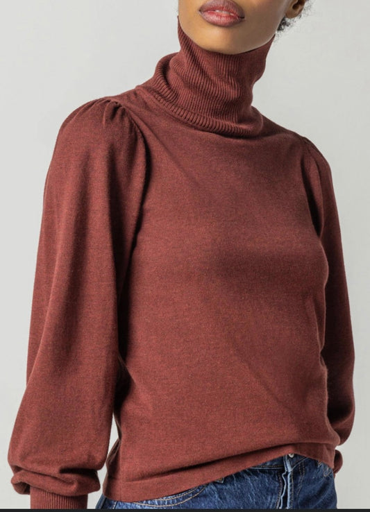 Lilla P Puff Sleeve Turtleneck Sweater Mahogany