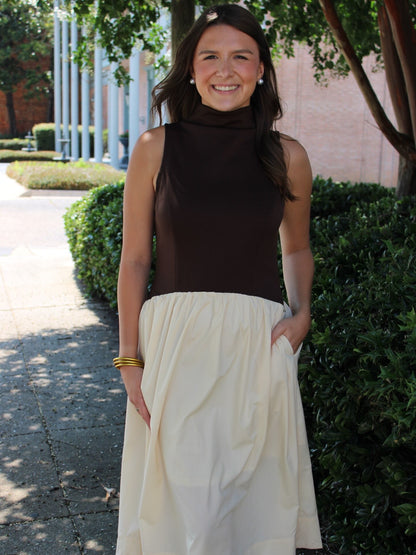 Brown/Cream Mockneck Midi Dress