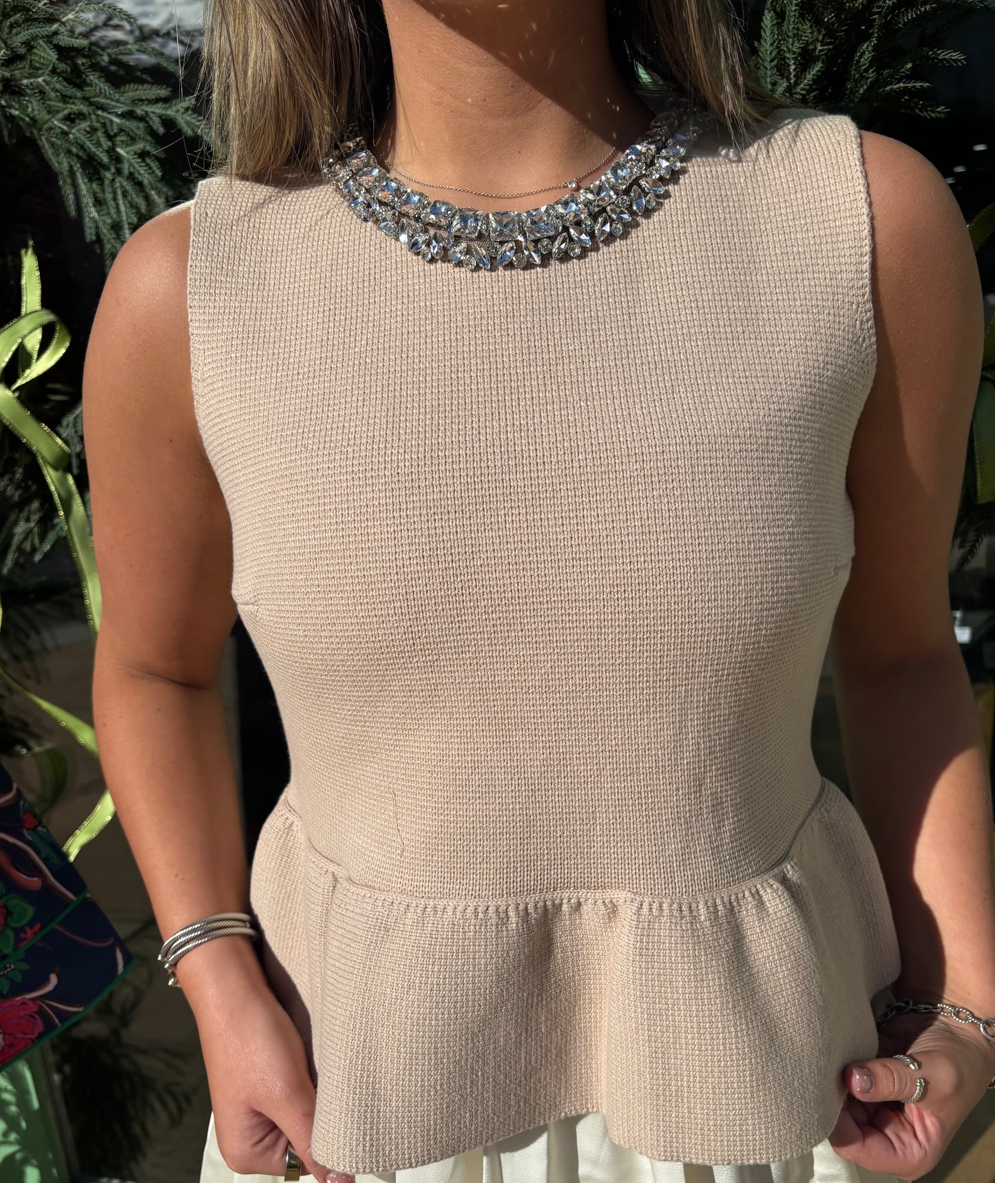 Jewel Trim Keck Peplum Knit Top