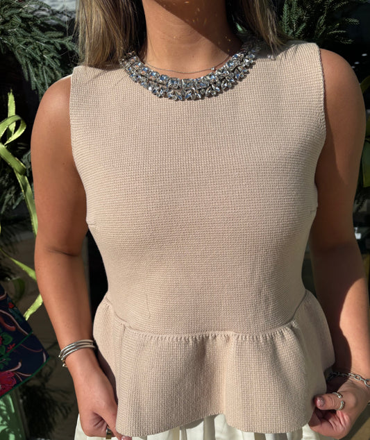 Jewel Trim Keck Peplum Knit Top