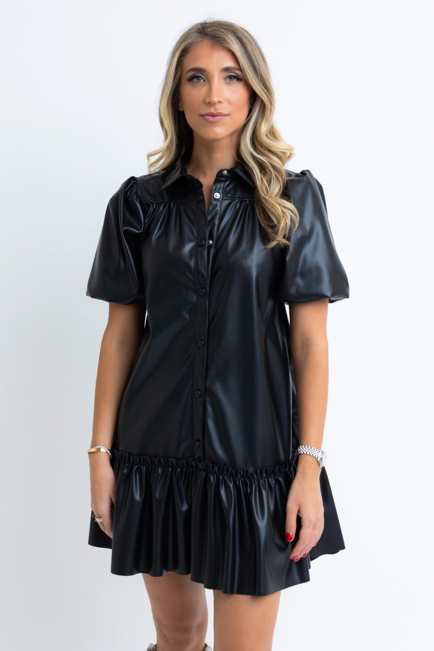 Black Pleather Puff Dress