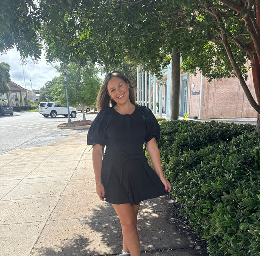 Belted Waist Pleated Cotton Mini Dress