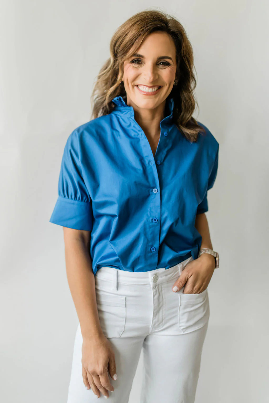 Short Sleeve Ruffle Shirt Bright Blue