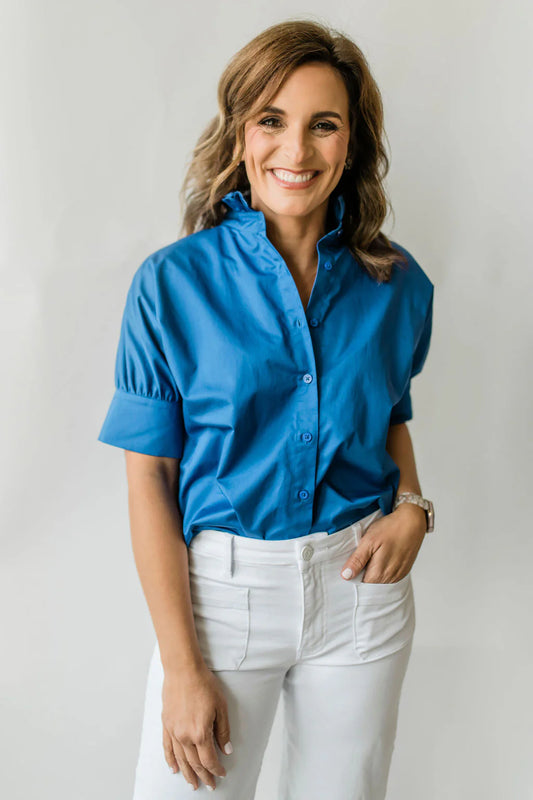Short Sleeve Ruffle Shirt Bright Blue