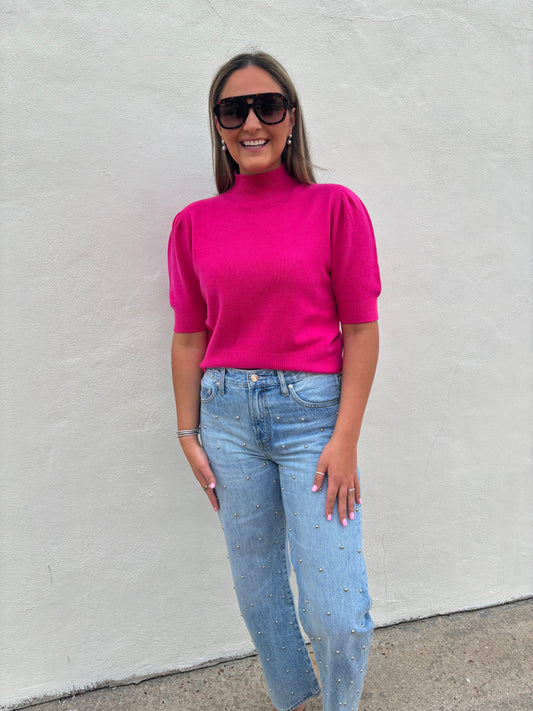 Mock Neck Bubble Shoulder Knit Top - Fuchsia