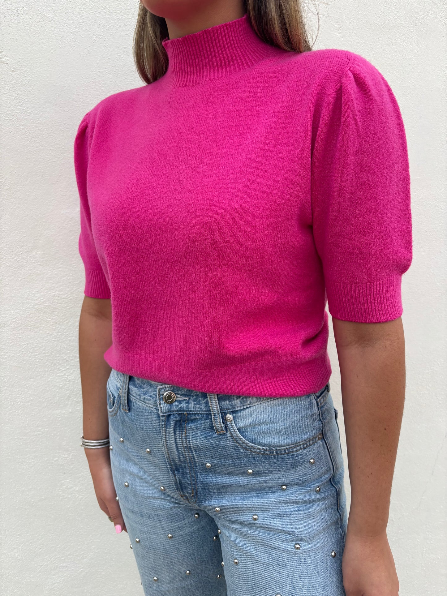 Mock Neck Bubble Shoulder Knit Top - Fuchsia