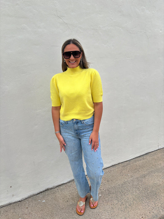 Mock Neck Bubble Shoulder Top - Yellow
