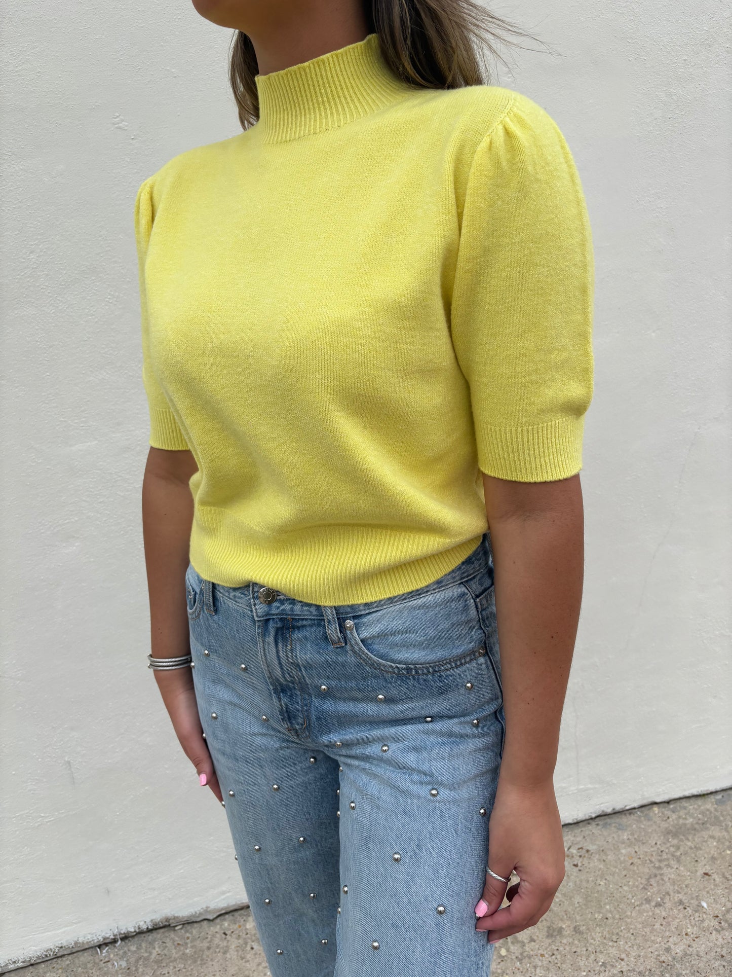 Mock Neck Bubble Shoulder Top - Yellow