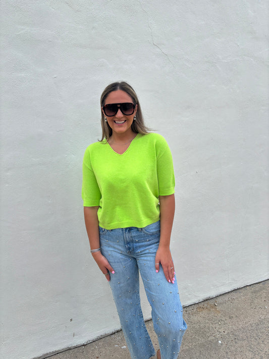 V-Neck 3/4 Sleeve Knit Top - Apple Green