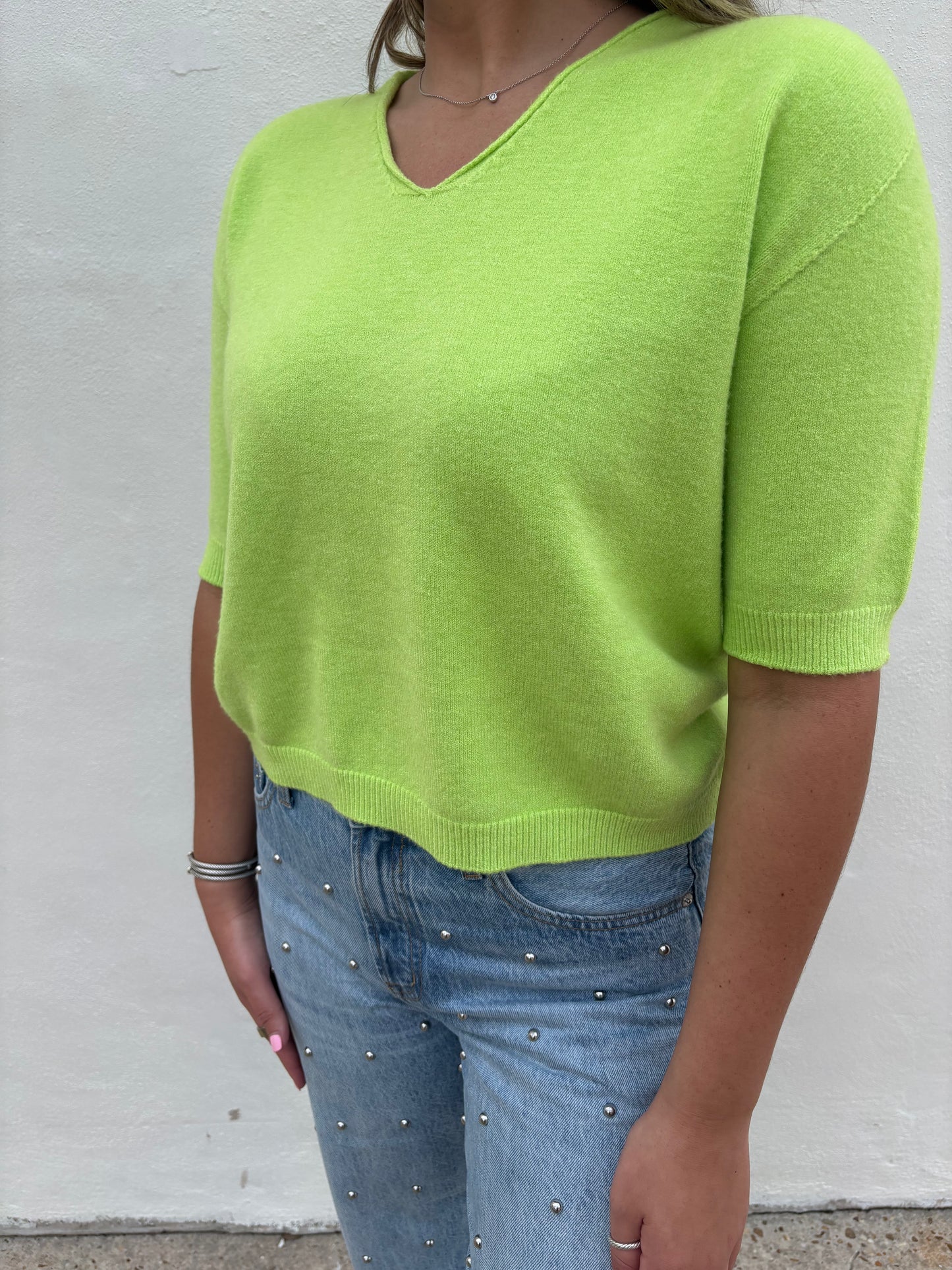 V-Neck 3/4 Sleeve Knit Top - Apple Green