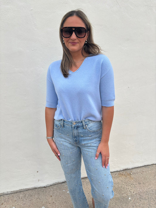 V-Neck 3/4 Sleeve Knit Top - Sky Blue