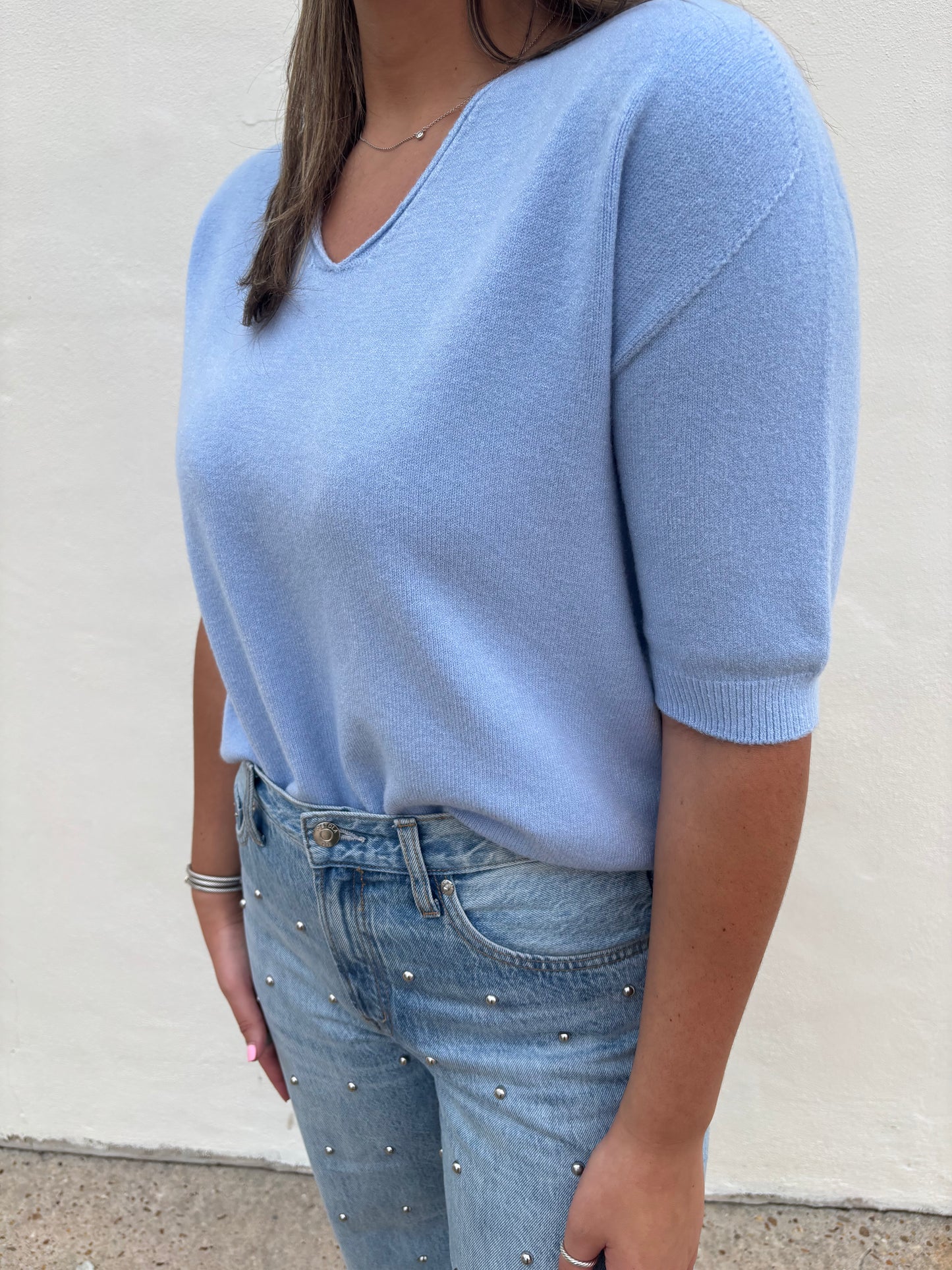 V-Neck 3/4 Sleeve Knit Top - Sky Blue