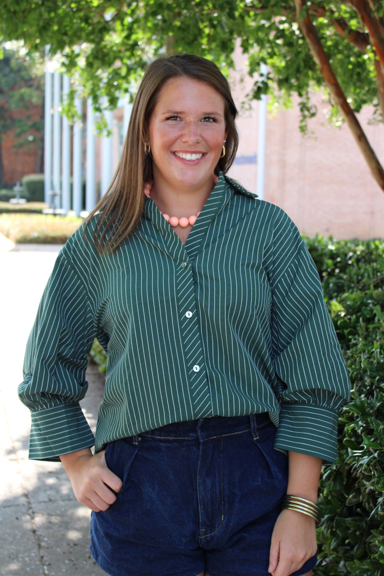Green Stripe Button Front Top