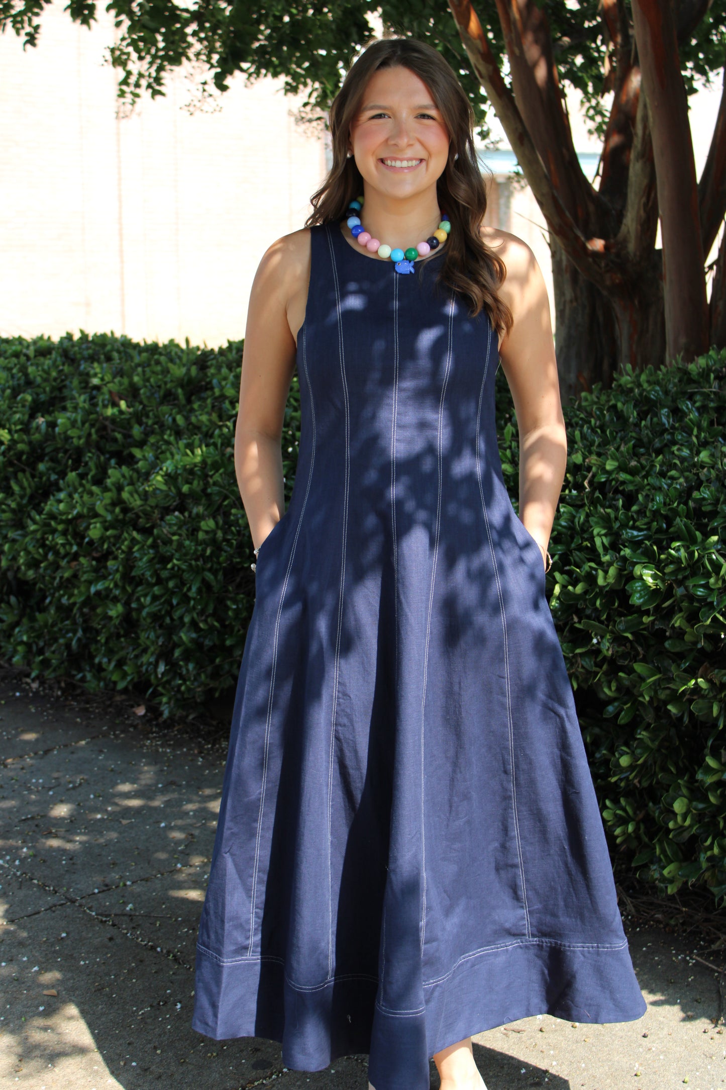 Navy Linen Stitch Detail Midi Dress