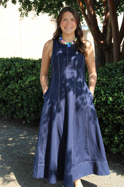 Navy Linen Stitch Detail Midi Dress