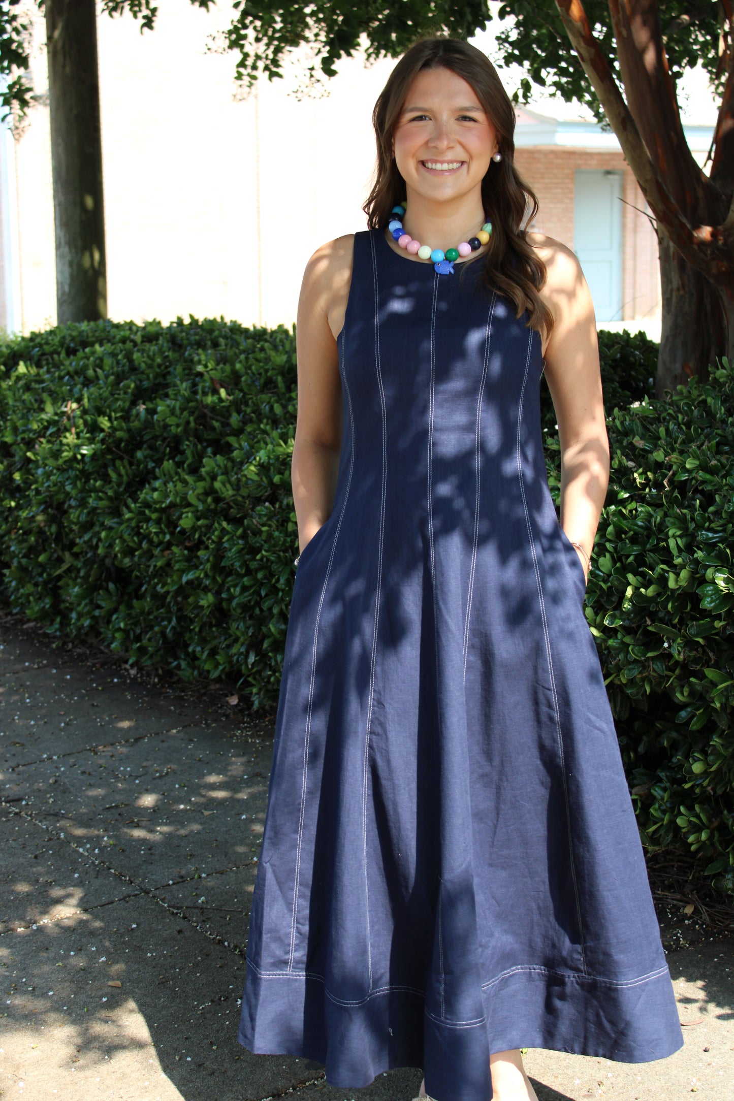 Navy Linen Stitch Detail Midi Dress