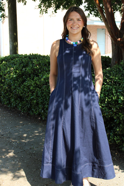 Navy Linen Stitch Detail Midi Dress