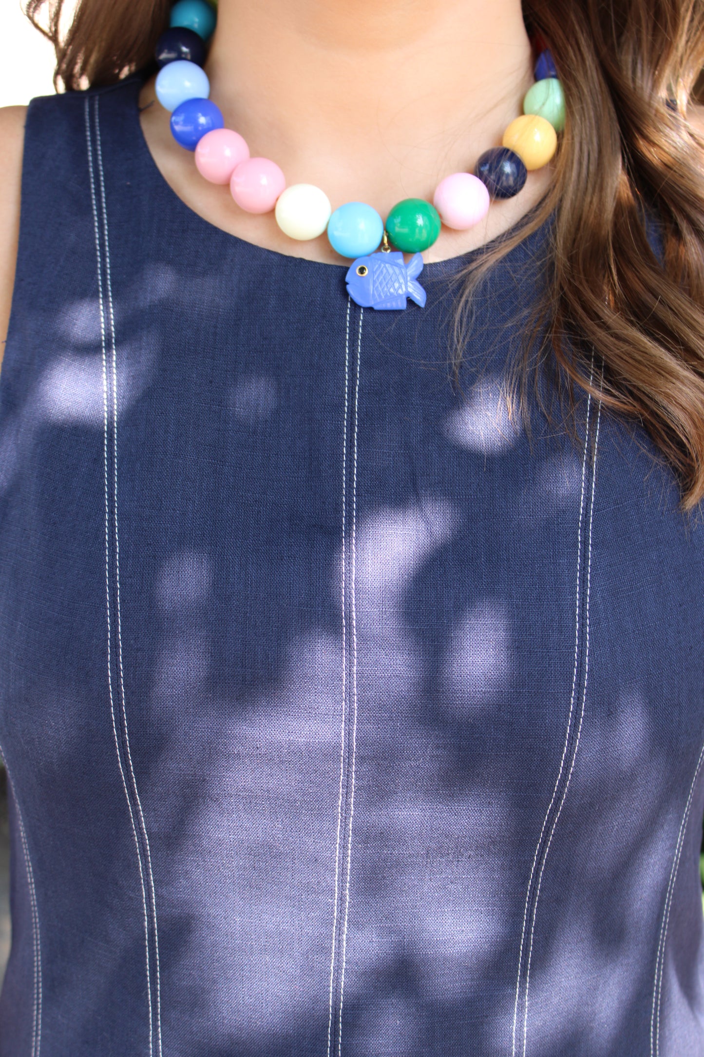 Navy Linen Stitch Detail Midi Dress