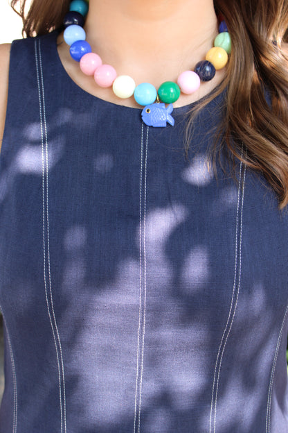 Navy Linen Stitch Detail Midi Dress