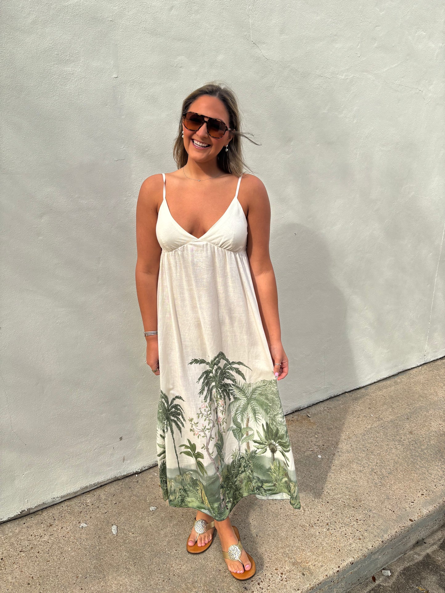 Tropical Palm Tree V-Neck Smocked Maxi Dress