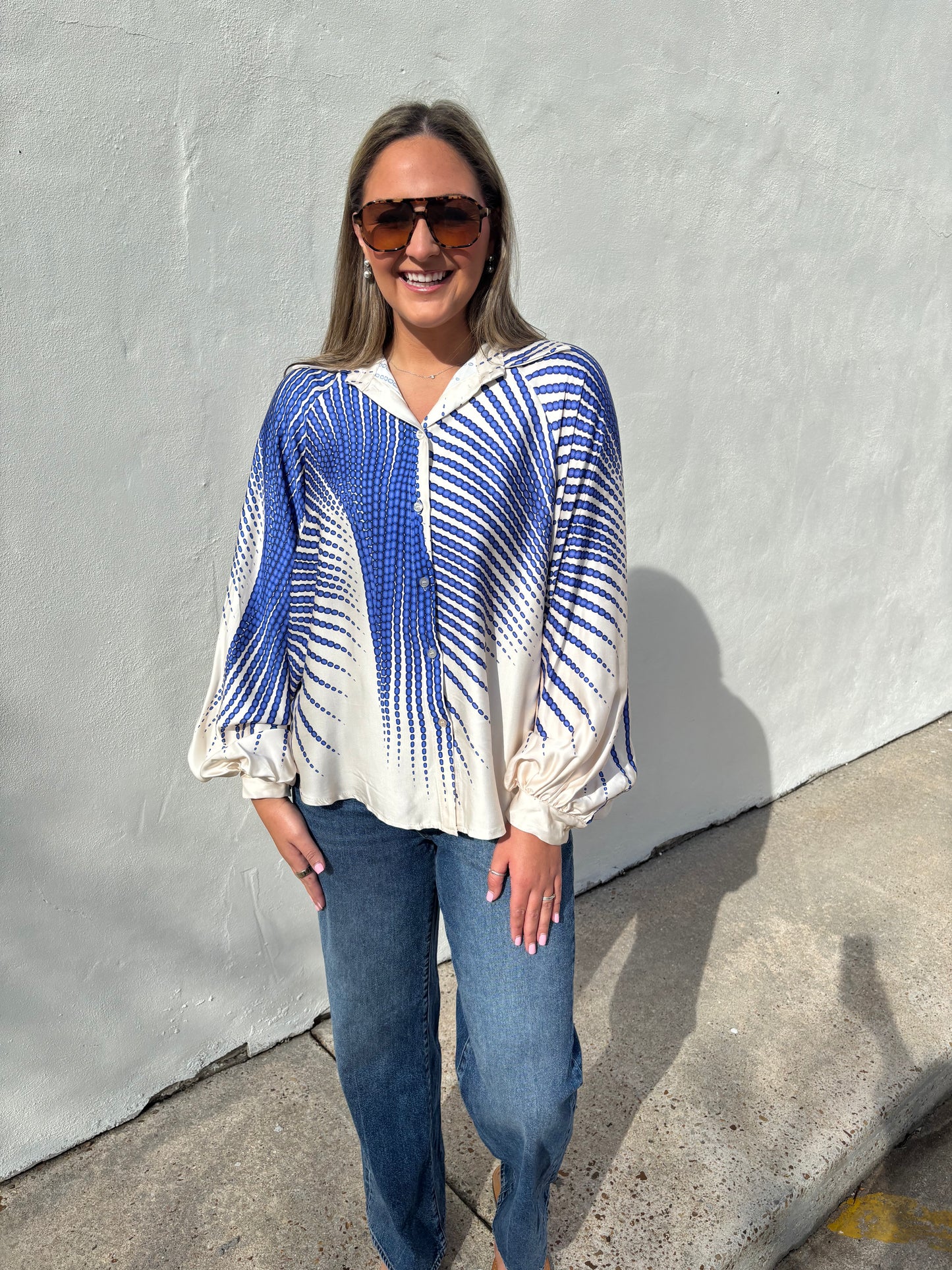 Sunburst Print Button Down Bubble Sleeve Top