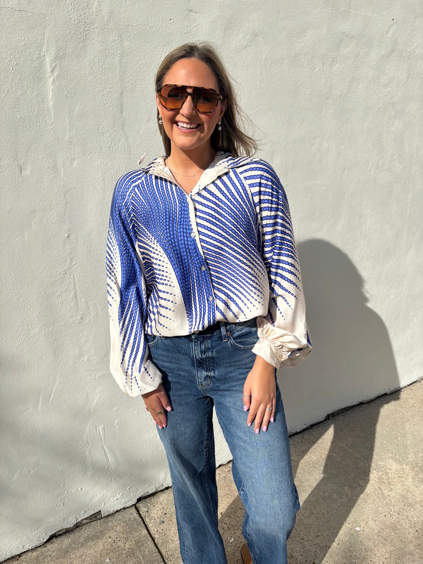 Sunburst Print Button Down Bubble Sleeve Top
