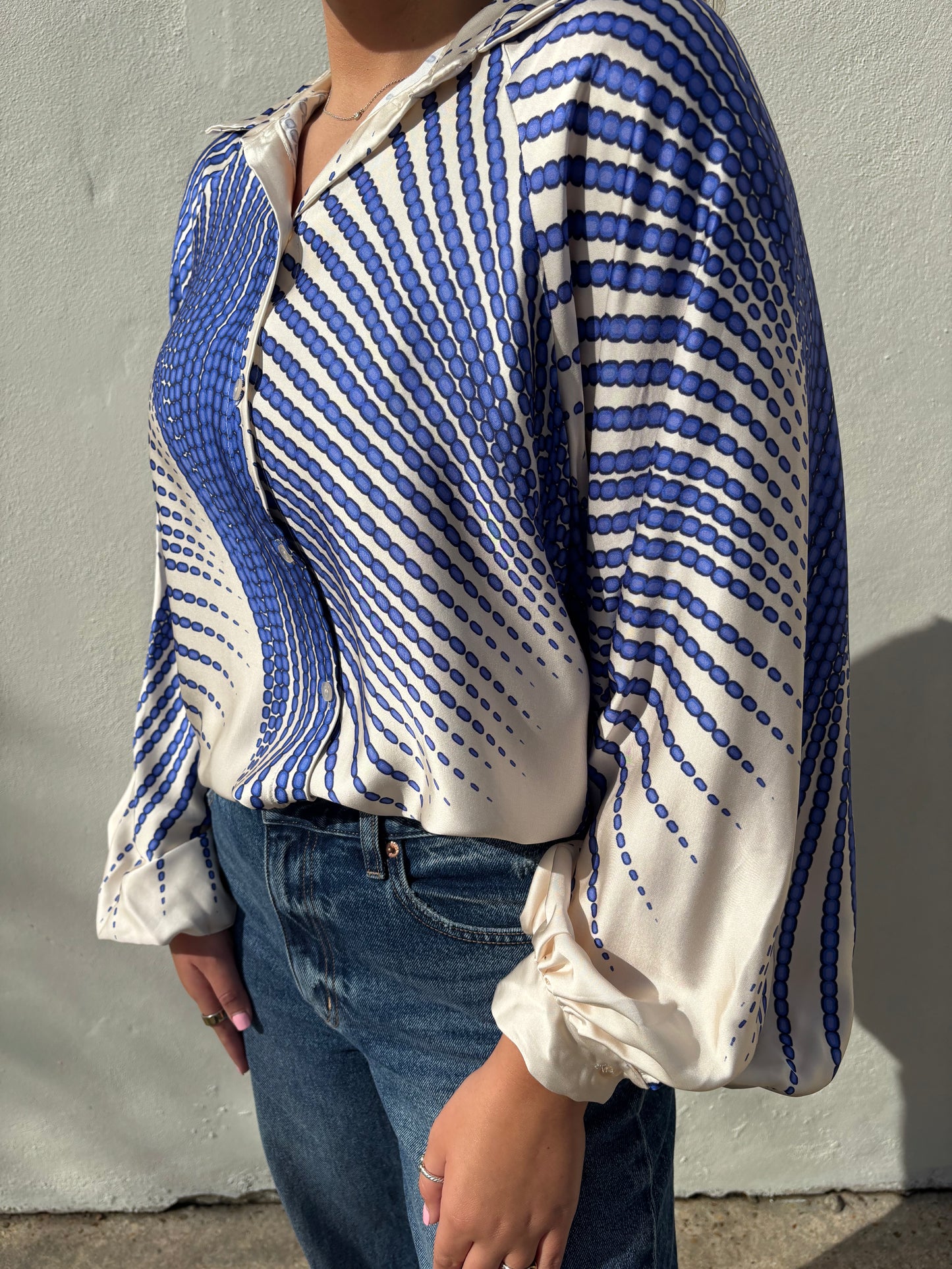 Sunburst Print Button Down Bubble Sleeve Top