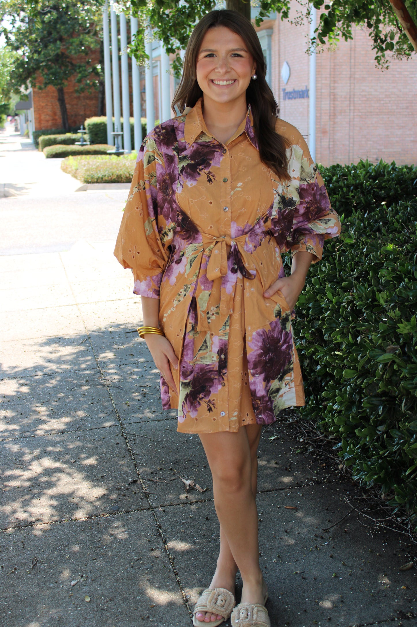 Pumpkin Print Tie Front Mini Dress