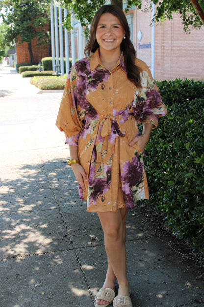 Pumpkin Print Tie Front Mini Dress